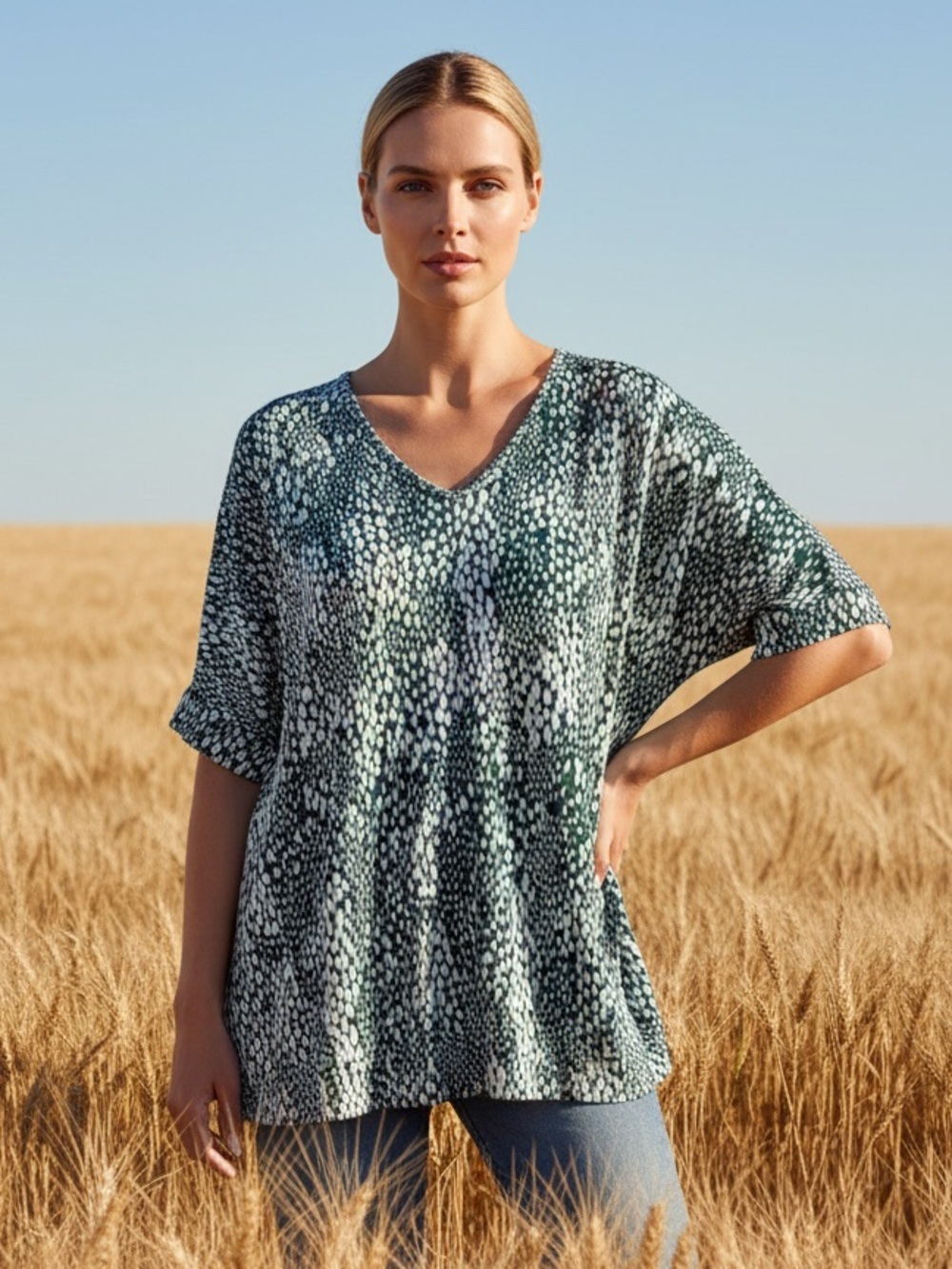 mts Sage Green & White Print V-Neck Babydoll Silhouette Tunic